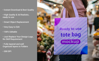 Tote Bag Mockup Held by Woman in Street Market Urban Lifestyle Tote Bag Mockup