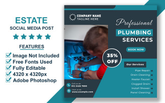 Clean and Bold Plumbing Service Social Media Post Template PSD for Repair and Maintenance Promotion
