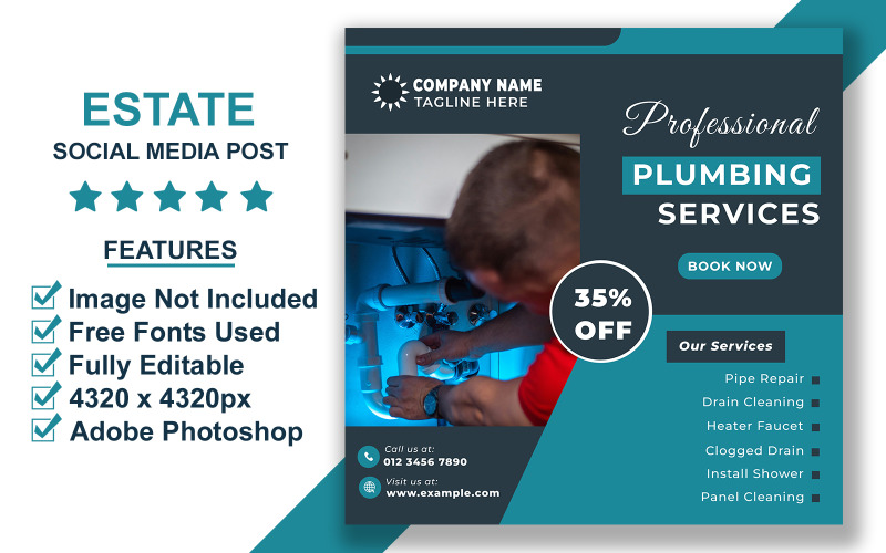 Clean and Bold Plumbing Service Social Media Post Template PSD for Repair and Maintenance Promotion