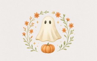 Cute Ghost Pumpkin PNG, Fall Halloween Ghost Clipart PNG, Floral Pumpkin Ghost Digital Print,
