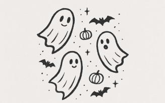 Cute Ghosts PNG, Halloween Ghost Clipart, Bat and Pumpkin PNG Art, Spooky Season Digital Download,