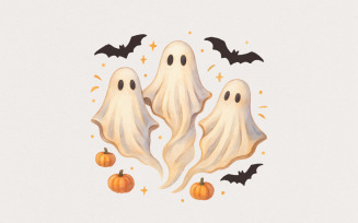Cute Watercolor Ghosts PNG, Halloween PNG, Spooky Ghost Clipart, Pumpkin And Bat Decor, Autumn