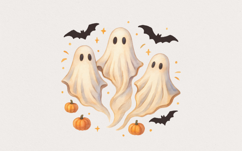 Cute Watercolor Ghosts PNG, Halloween PNG, Spooky Ghost Clipart, Pumpkin And Bat Decor, Autumn Illustration