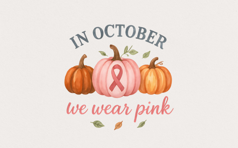 In October We Wear Pink PNG, Breast Cancer Awareness PNG, Pink Pumpkin PNG, Fall Halloween Autumn Illustration