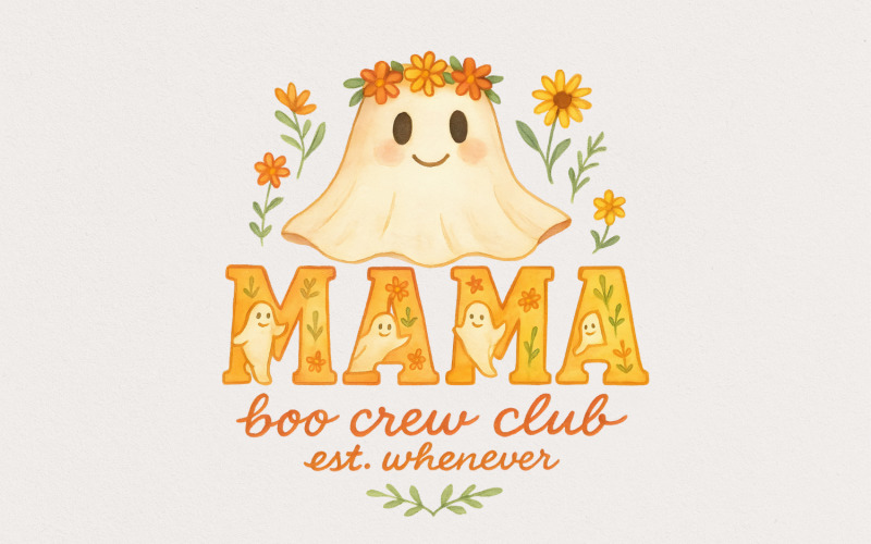 Mama Boo Crew Club PNG, Cute Ghost Mama PNG, Spooky Halloween Floral Shirt Design, Family Boo Crew, Illustration