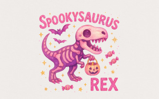 Spookysaurus Rex PNG Halloween Dinosaur Design, Cute Pink Dino With Candy, Trick Or Treat PNG For