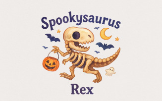 Spookysaurus Rex PNG Halloween Dinosaur PNG With Pumpkin Basket, Ghost, Moon, Perfect For Kids