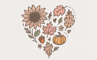 Sunflower Pumpkin Fall Leaves Heart Autumn PNG, Thanksgiving Acorn Sunflower Art, Digital Download
