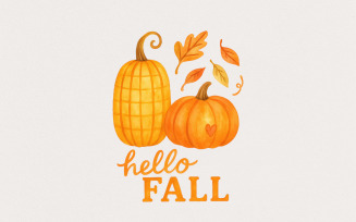Hello Fall Pumpkins PNG, Autumn Leaves Fall Sublimation, Pumpkin Shirt PNG Design, Watercolor
