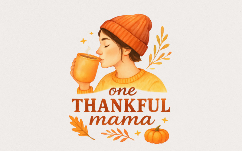 One Thankful Mama PNG Tee, Cute Fall Pumpkin Shirt PNG, Cozy Autumn Coffee Mom T-Shirt, Illustration