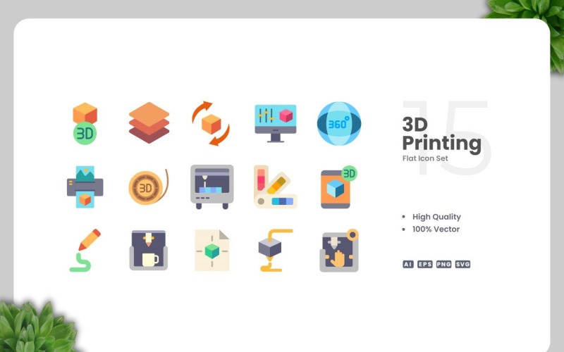 15 3D Printing Flat Icons Set Icon Set