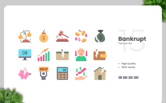 15 Bankrupt Flat Icons Set