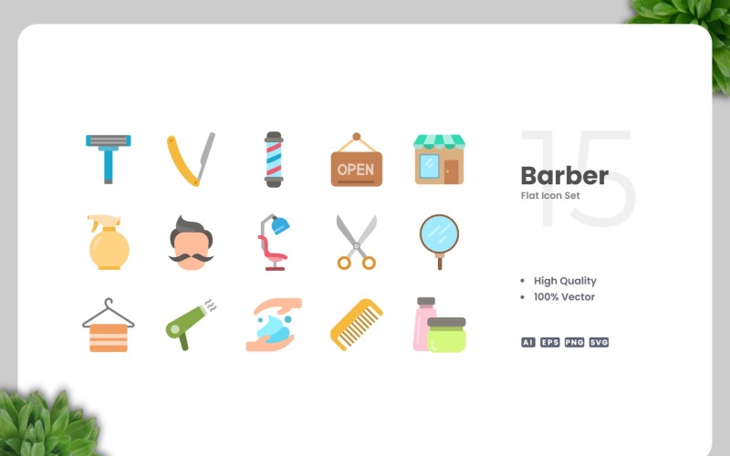 15 Barber Flat Icons Collection Icon Set