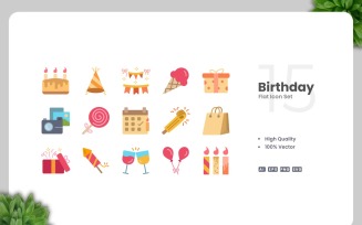 15 Birthday Flat Icons Set