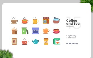 15 Coffee and Tea Flat Icons Set