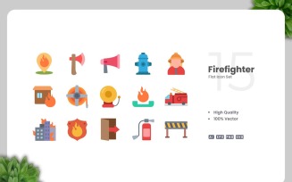 15 Firefighter Flat Icons Set