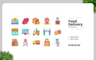 15 Food Delivery Flat Icons Set