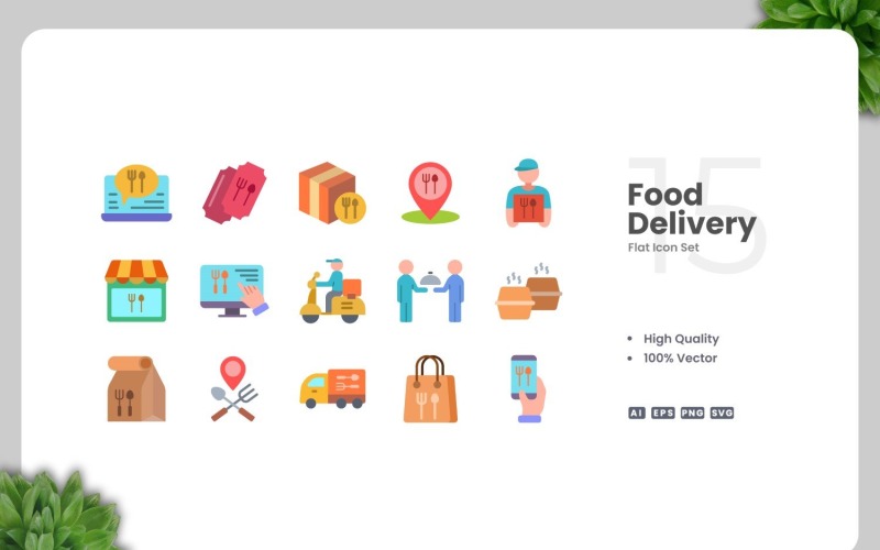 15 Food Delivery Flat Icons Set Icon Set