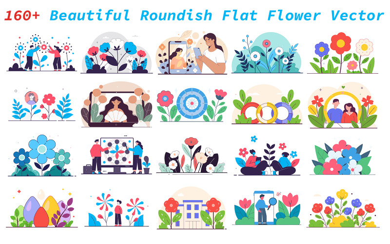 160+ Beautiful Roundish Flat Flower Vector Vector Graphic