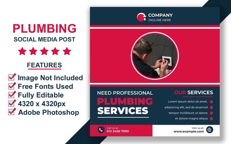 Pipe Installation Social Media Post Template PSD for Plumbing Companies and Repair Services