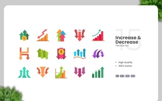 15 Increase and Decrease Flat Icons Set