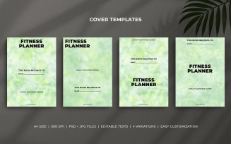 Fitness Planner Cover Templates – Editable A4 Design Set in Soft Pastel Green Watercolor Theme