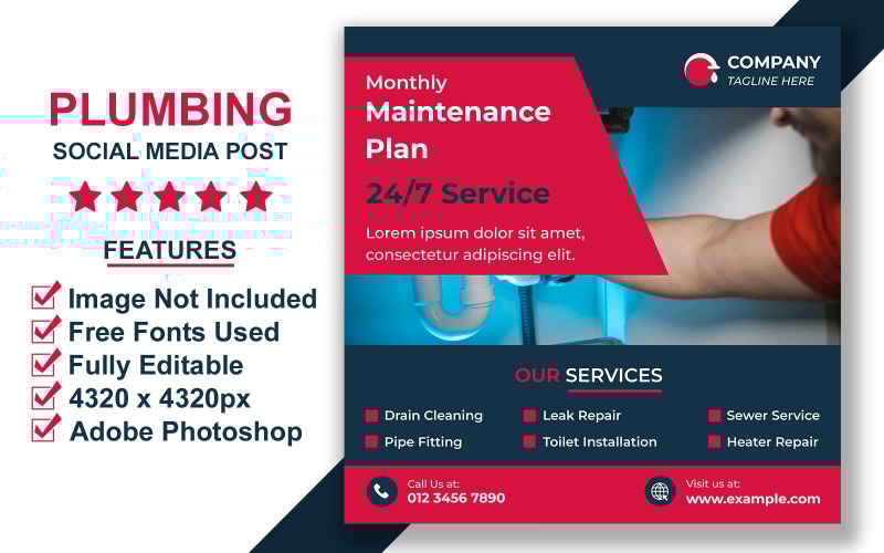 Modern Plumbing Service Social Media Post Template for Instagram and Facebook