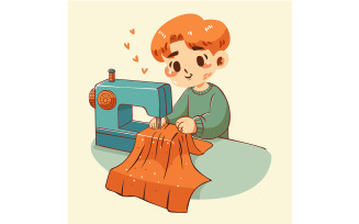 Illustration of Child Sewing