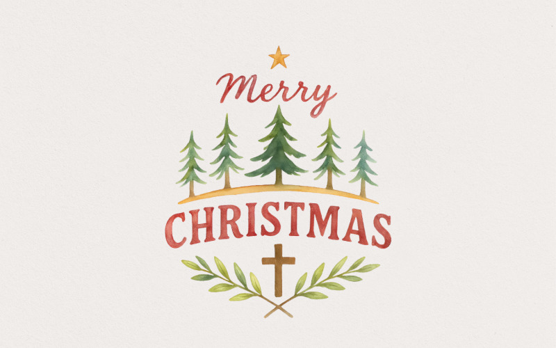 Merry Christmas Watercolor PNG, Christian Christmas Cross PNG, Holiday Digital Download, Christmas Illustration