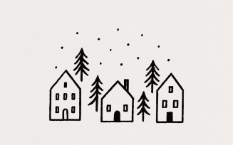 Minimalist Winter House PNG, Scandinavian Home Art, Cozy Cabin Trees PNG, Black and White Digital