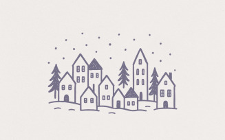 Minimalist Winter Village PNG, Hand Drawn Christmas Village PNG Art, Cozy Holiday Snow Scene