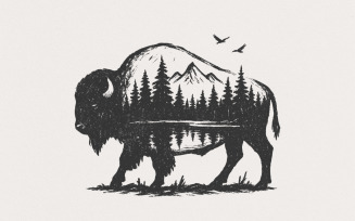 Bison Double Exposure PNG, Nature Mountain Forest Wildlife Rustic, Buffalo Clipart, Adventure PNG,