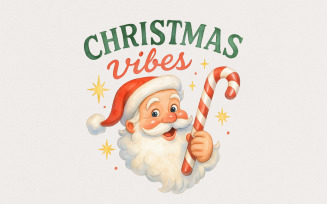 Christmas Vibes PNG, Vintage Santa Claus PNG, Watercolor Candy Cane Holiday Art, Festive Christmas