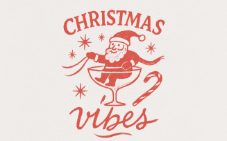 Christmas Vibes Santa Claus In Cocktail Glass PNG, Retro Christmas PNG Holiday Party Design,