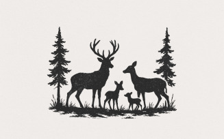 Deer Family PNG, Woodland Forest Nature PNG, Vintage Wildlife Design for Tshirt, Rustic Pine Tree