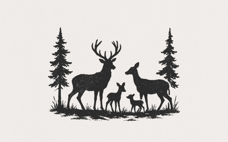 Deer Family PNG, Woodland Forest Nature PNG, Vintage Wildlife Design for Tshirt, Rustic Pine Tree Illustration