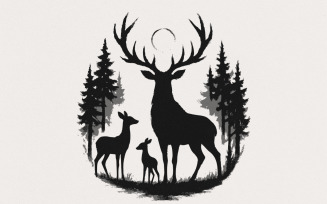 Deer Silhouette PNG, Woodland Forest Stag Family PNG, Vintage Wildlife Art, Rustic Nature Deer