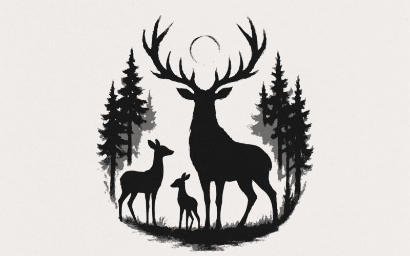 Deer Silhouette PNG, Woodland Forest Stag Family PNG, Vintage Wildlife Art, Rustic Nature Deer Illustration