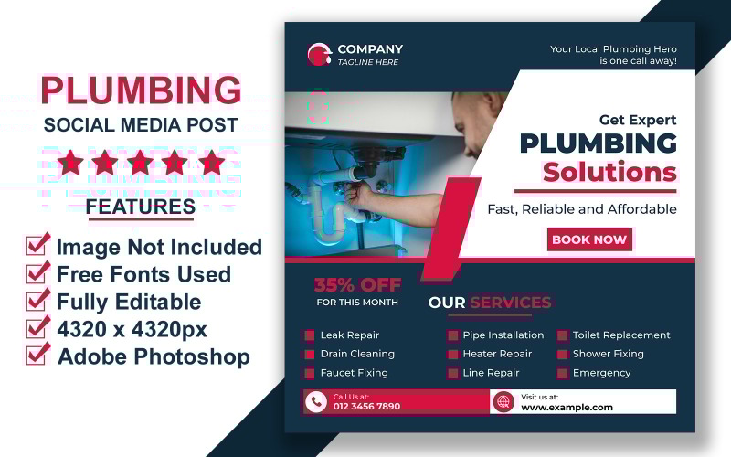 Editable Plumbing Services Social Media Post Template PSD for Pipe Repair Promotions