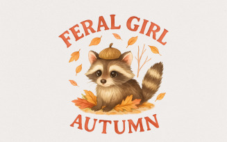 Feral Girl Autumn PNG, Cute Raccoon With Acorn Hat PNG, Cozy Fall Leaves Clipart, Autumn Digital