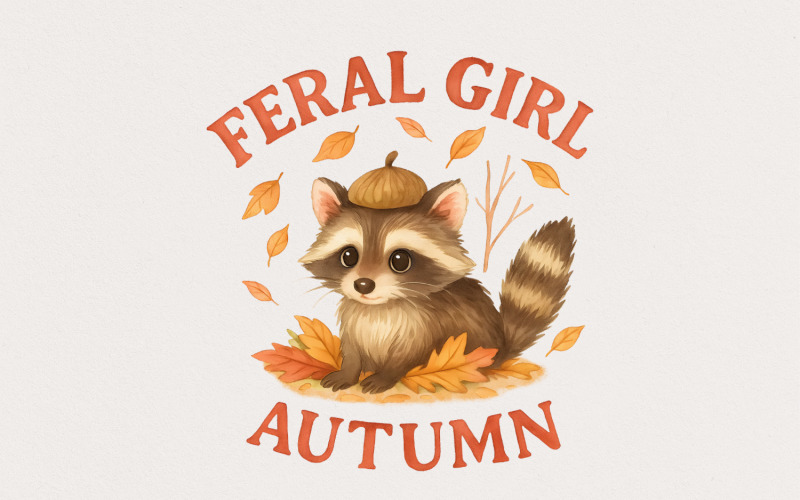 Feral Girl Autumn PNG, Cute Raccoon With Acorn Hat PNG, Cozy Fall Leaves Clipart, Autumn Digital Illustration
