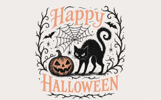 Happy Halloween PNG, Black Cat and Pumpkin Clipart PNG for T-Shirts, Spooky Vintage Halloween PNG