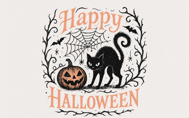Happy Halloween PNG, Black Cat and Pumpkin Clipart PNG for T-Shirts, Spooky Vintage Halloween PNG Illustration
