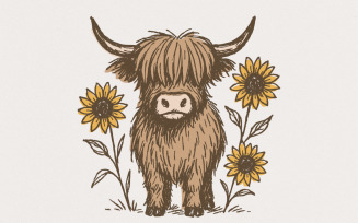 Highland Cow PNG Clipart, Cute Cow With Sunflowers PNG, Farmhouse Animal Art, Rustic Country Boho