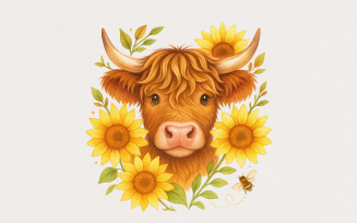 Highland Cow With Sunflowers PNG, Cute Farm Animal Art, Country Wall Decor, Printable PNG Download