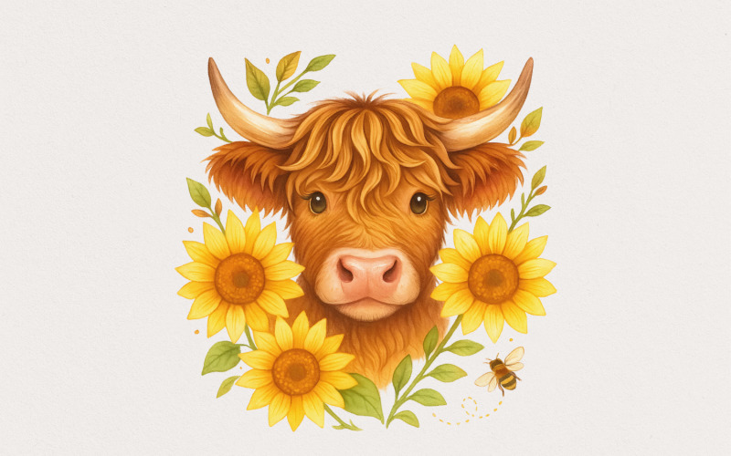 Highland Cow With Sunflowers PNG, Cute Farm Animal Art, Country Wall Decor, Printable PNG Download Illustration