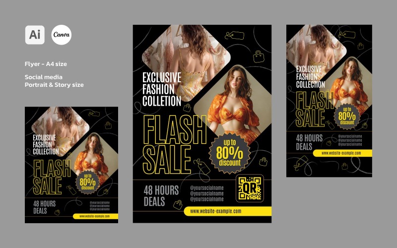 Online Sale, Fashion E-commerce Flash Sale Promotion Flyer and Social Media Template Corporate Identity