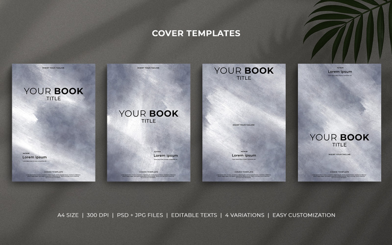 Book Cover Templates Set in Metal Grey Watercolor - Editable Minimal Design for KDP, eBooks, Print Corporate Identity