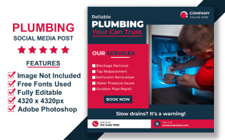 Editable Plumbing Company Social Media Post Template PSD for Service Advertising