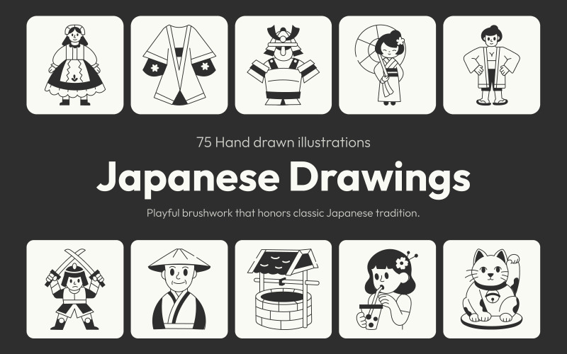 Japanese Drawing Illustration Set Icon Set